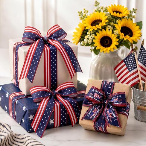 2 Roll 20 Yard 250th Anniversary Patriotic Day Ribbon 4th of July Wreath Ribbon Star and Striped Wired USA Ribbon for Independence Day DIY Craft Party Decor in Saudi Arabia