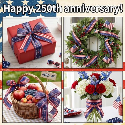 2 Roll 20 Yard 250th Anniversary Patriotic Day Ribbon 4th of July Wreath Ribbon Star and Striped Wired USA Ribbon for Independence Day DIY Craft Party Decor in Saudi Arabia