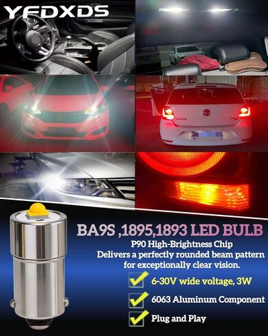 BA9S LED Bulb 1895 1893 1820 313 T4W, 𝟔-𝟑𝟎𝐕, 400% Brighter Than Halogen, 1:1 Design, Non-Polarity Plug & Play, 6000K for Interior Reading Lights, Glove Box Lights, Bingo Board Indicator Lights. in Saudi Arabia