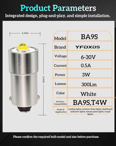 BA9S LED Bulb 1895 1893 1820 313 T4W, 𝟔-𝟑𝟎𝐕, 400% Brighter Than Halogen, 1:1 Design, Non-Polarity Plug & Play, 6000K for Interior Reading Lights, Glove Box Lights, Bingo Board Indicator Lights. in Saudi Arabia