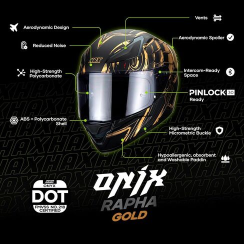 خوذات الدراجات النارية HAX Onix لكامل الوجه للرجال خوذات الدراجات النارية مع Pinlock Ready DOT المعتمدة مريحة ملائمة باللون الأسود المطفي والذهبي S in Kuwait