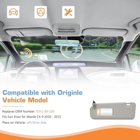 واقي من الشمس مع ضوء لسيارة Mazda CX-9 2010-2015، الجانب الأيسر للسائق، بديل TDY1-69-320 رمادي in Kuwait