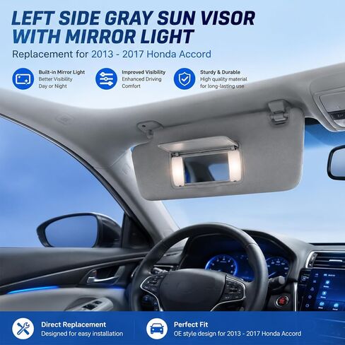 Driver Left Side Gray Sun Visor with Mirror Light Replacement for 2013-2017 Honda Accord Replace 83280-T2F-A52ZA in Saudi Arabia