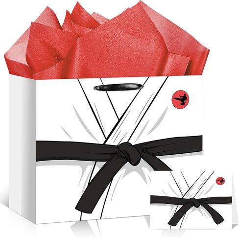Neptniopllab Karate Uniform Gift Bags,White Kung Fu Wrapping Paper Birthday Gift Bag Taekwondo Party Decoration with Handles Card and Tissue Paper for Adults Taekwondo Kung Fu Theme Party Supplies in Saudi Arabia