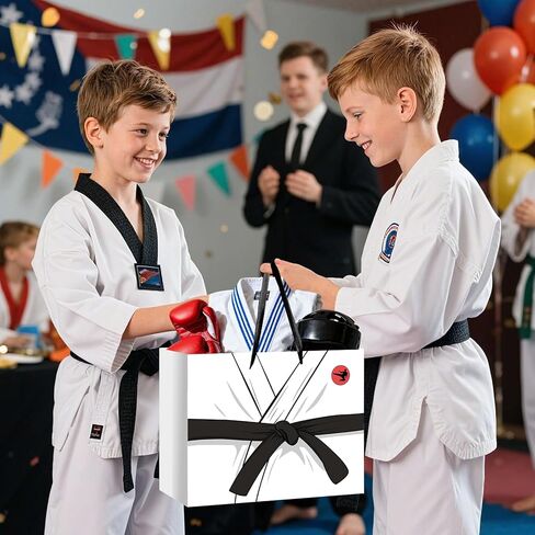 Neptniopllab Karate Uniform Gift Bags,White Kung Fu Wrapping Paper Birthday Gift Bag Taekwondo Party Decoration with Handles Card and Tissue Paper for Adults Taekwondo Kung Fu Theme Party Supplies in Saudi Arabia