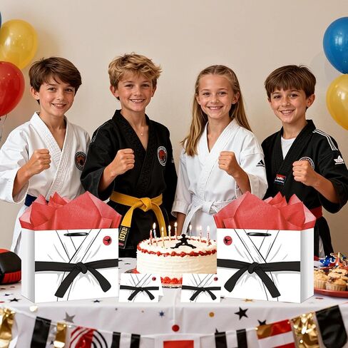 Neptniopllab Karate Uniform Gift Bags,White Kung Fu Wrapping Paper Birthday Gift Bag Taekwondo Party Decoration with Handles Card and Tissue Paper for Adults Taekwondo Kung Fu Theme Party Supplies in Saudi Arabia