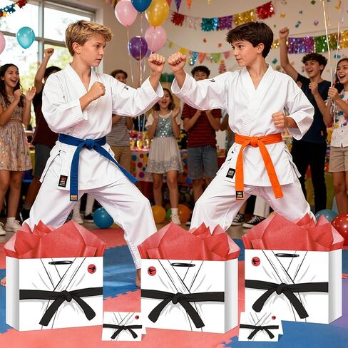 Neptniopllab Karate Uniform Gift Bags,White Kung Fu Wrapping Paper Birthday Gift Bag Taekwondo Party Decoration with Handles Card and Tissue Paper for Adults Taekwondo Kung Fu Theme Party Supplies in Saudi Arabia