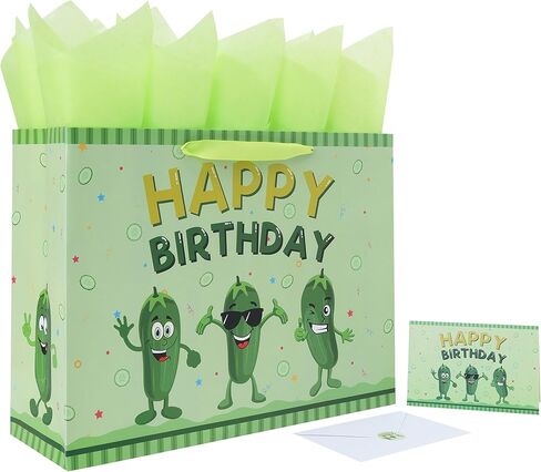 16.5'' Extra Large Pickle Birthday Gift Bag Set with Handles, Greeting Card, Green Tissue Papers and Stickers for Women Boys Girls Kids Teens for Cucumber Birthday, Vegetable Themed Design, 1 Pcs in Kuwait