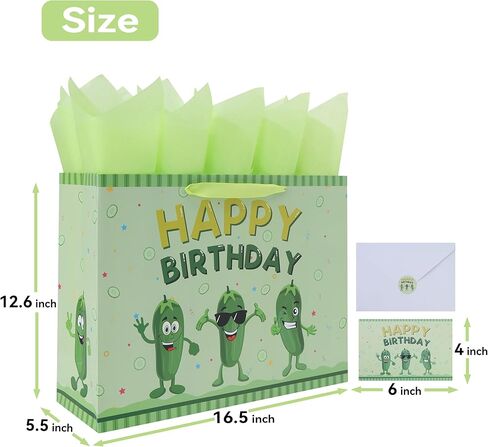 16.5'' Extra Large Pickle Birthday Gift Bag Set with Handles, Greeting Card, Green Tissue Papers and Stickers for Women Boys Girls Kids Teens for Cucumber Birthday, Vegetable Themed Design, 1 Pcs in Kuwait