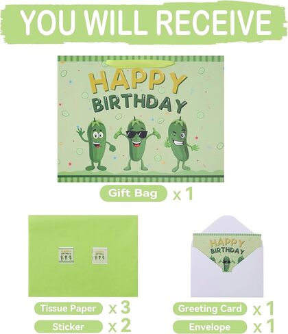 16.5'' Extra Large Pickle Birthday Gift Bag Set with Handles, Greeting Card, Green Tissue Papers and Stickers for Women Boys Girls Kids Teens for Cucumber Birthday, Vegetable Themed Design, 1 Pcs in Kuwait