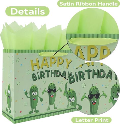 16.5'' Extra Large Pickle Birthday Gift Bag Set with Handles, Greeting Card, Green Tissue Papers and Stickers for Women Boys Girls Kids Teens for Cucumber Birthday, Vegetable Themed Design, 1 Pcs in Kuwait
