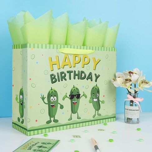 16.5'' Extra Large Pickle Birthday Gift Bag Set with Handles, Greeting Card, Green Tissue Papers and Stickers for Women Boys Girls Kids Teens for Cucumber Birthday, Vegetable Themed Design, 1 Pcs in Kuwait