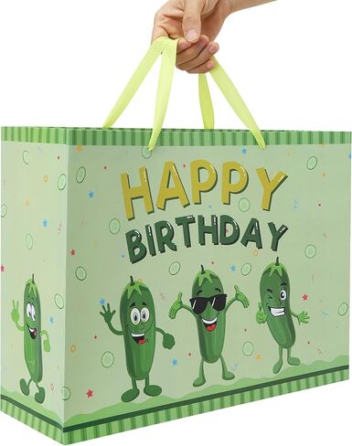 16.5'' Extra Large Pickle Birthday Gift Bag Set with Handles, Greeting Card, Green Tissue Papers and Stickers for Women Boys Girls Kids Teens for Cucumber Birthday, Vegetable Themed Design, 1 Pcs in Kuwait