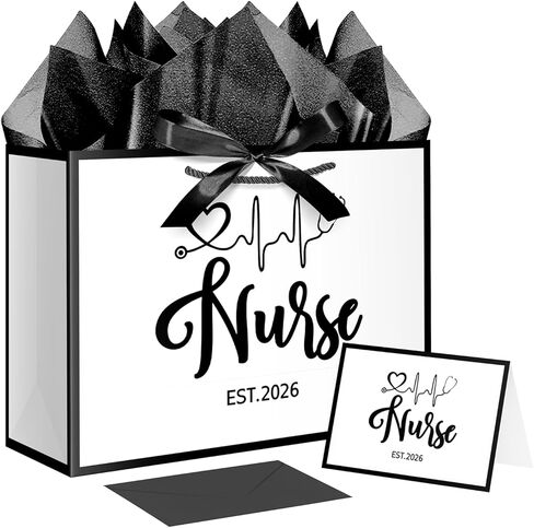 XiaosRen 12.6" White and Black Nurse Gift Bag, EST 2026 Nurse Graduation Gift Bag with Tissue Paper, Card and Ribbon, for Nurses Day, Medical Graduates. in Saudi Arabia