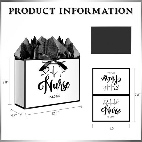 XiaosRen 12.6" White and Black Nurse Gift Bag, EST 2026 Nurse Graduation Gift Bag with Tissue Paper, Card and Ribbon, for Nurses Day, Medical Graduates. in Saudi Arabia