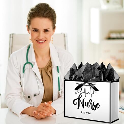 XiaosRen 12.6" White and Black Nurse Gift Bag, EST 2026 Nurse Graduation Gift Bag with Tissue Paper, Card and Ribbon, for Nurses Day, Medical Graduates. in Saudi Arabia