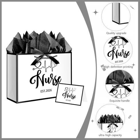 XiaosRen 12.6" White and Black Nurse Gift Bag, EST 2026 Nurse Graduation Gift Bag with Tissue Paper, Card and Ribbon, for Nurses Day, Medical Graduates. in Saudi Arabia