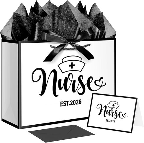 XiaosRen 12.6" White and Black Nurse Gift Bag, EST 2026 Nurse Graduation Gift Bag with Tissue Paper, Card and Ribbon, for Nurses Day, Medical Graduates. in Saudi Arabia
