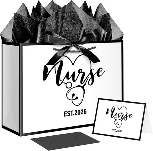 XiaosRen 12.6" White and Black Nurse Gift Bag, EST 2026 Nurse Graduation Gift Bag with Tissue Paper, Card and Ribbon, for Nurses Day, Medical Graduates. in Saudi Arabia