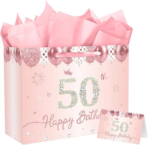 JCTHKUKU Large 1st Birthday Gift Bag for Baby, Pink Rose Gold One Gift Bag with 3 Tissue Paper, Happy 1st Birthday Party Favor Card for Baby Girl, First Birthday Decorations in Saudi Arabia