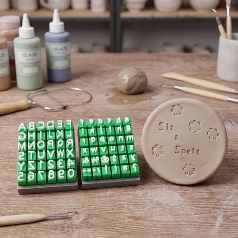 72-Piece Alphabet Letter and Number Stamps Set for Polymer Clay Pottery, One-Piece Sturdy Plastic Embosser Tools with Storage Box for Ceramics DIY Crafts, 0.39-Inch Traditional Font, Green/White in Saudi Arabia