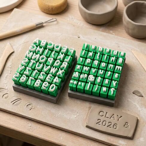 72-Piece Alphabet Letter and Number Stamps Set for Polymer Clay Pottery, One-Piece Sturdy Plastic Embosser Tools with Storage Box for Ceramics DIY Crafts, 0.39-Inch Traditional Font, Green/White in Saudi Arabia