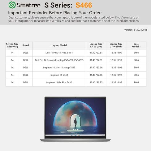 حافظة كمبيوتر محمول Smatree SlimPro مقاس 14 بوصة DELL 14 Plus/14 Plus 2 في 1، لأجهزة الكمبيوتر المحمول DELL Pro 14 Essential PV14250/PV14255، لجهاز Inspiron 14 2 في 1 7445/Inspiron 14 5440، مع جيب ملحق (S466) in Kuwait