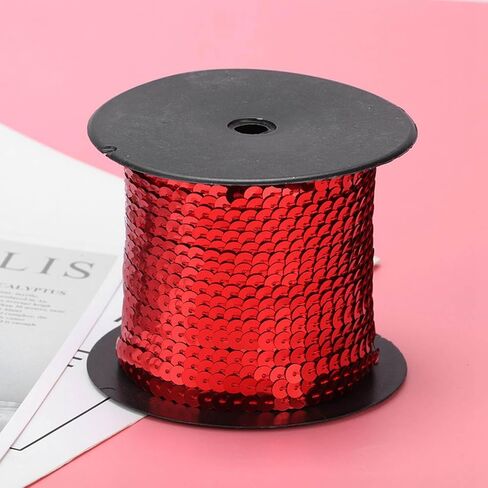 زخرفة ترتر 100 ياردة، بكرة ترتر 6 مم مع بكرة، سلسلة ترتر بلاستيكية، شريط مطرز بالترتر PVC الأحمر للخياطة، الأزياء، الحرف اليدوية، إنتاج المسرح in Kuwait