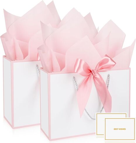 Mifferer Gift Bags for Present, 2 Pack Medium Gift Bag with 2 Wrappers and 2 Cards, Paper Gifts Bags Shopping Bags with Handles for Women Men Birthday Wedding Party Christmas Bags 20x10x28 cm in Kuwait