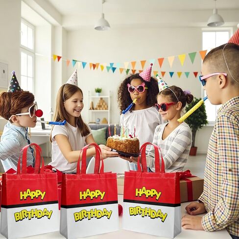 20 PCS Non-Woven Bags Mini Cartoon Red and White Happy Birthday Tote Bags Reusable Goodie Treat Candy Bags Anime Theme Style Party bag for Baby Shower Birthday Party Supplies in Saudi Arabia