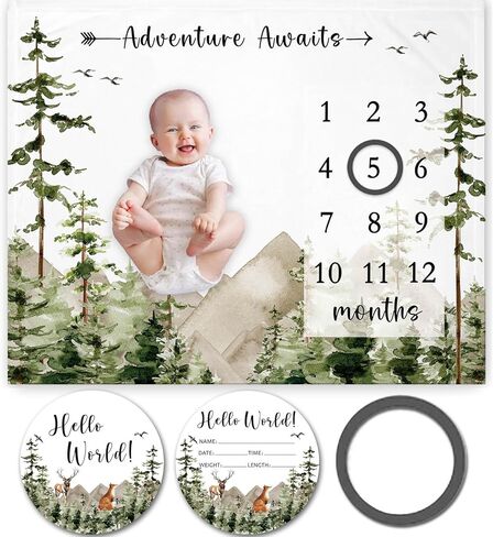 بطانية Adventure Awaits Baby Milestone مع علامة الميلاد، بطانية شهرية لمخطط نمو الطفل الجبلي، حضانة Watch Me Grow Adventure Baby للأمهات الجدد (50 بوصة × 40 بوصة) in Kuwait