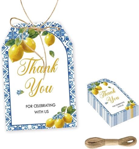 Lemon Thank You Tags, Vintage Blue Lemon Gift Tags with String for Bridal Shower Party, Blue Tiles Lemonade Thank You Paper Tags for Wedding/Birthday Party Favors -50pcs in Saudi Arabia