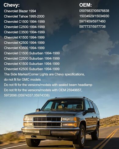 مصابيح زاوية LED من MAYELLO مناسبة لسيارة Chevy 1994-1998 C/K 1500 2500 3500 C10 Silverado 1995-2000 Tahoe Suburban Blazer الأمامي الجانبي ومصابيح إشارة الانعطاف عدسة كهرمانية التوصيل والتشغيل in Kuwait