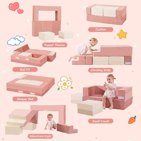 Baby Foam Climbing Blocks|Modular Kids Play Couch with 2 Cubes Indoor,Foldable Soft Play Set for Toddlers Crawling & Climbers,Beige & Yellow in Kuwait