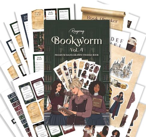 كتاب ملصقات Rongrong Bookworm 4 للمخططين والتقويمات والمجلات - جودة عالية مرسومة يدويًا مثالية لمحبي الكتب - ملحقات سجل القصاصات - 24 صفحة in Saudi Arabia