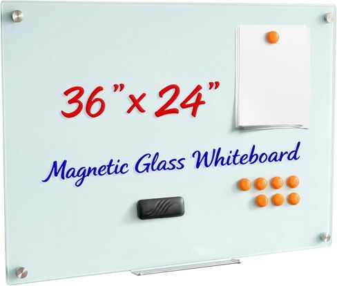 Magnetic Glass Whiteboard for Wall, 36" x 24" (3' x 2'), White, Frameless Dry Erase Board for Home Office & Planning, Set of 8 Strong Magnets Included in Kuwait