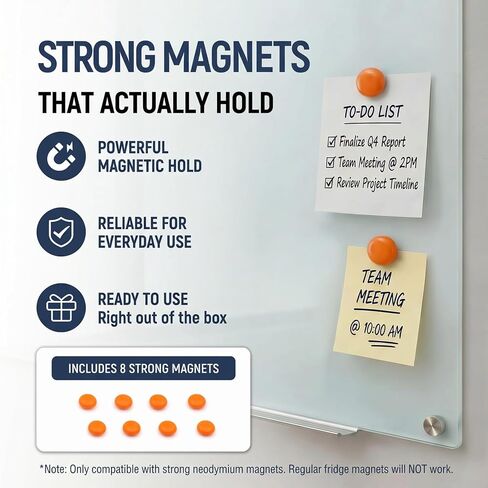 Magnetic Glass Whiteboard for Wall, 36" x 24" (3' x 2'), White, Frameless Dry Erase Board for Home Office & Planning, Set of 8 Strong Magnets Included in Kuwait