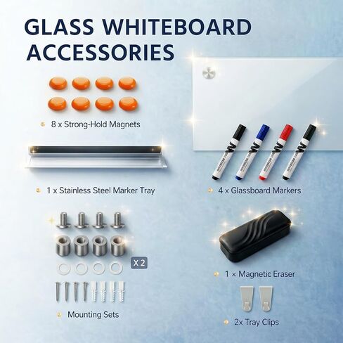 Magnetic Glass Whiteboard for Wall, 36" x 24" (3' x 2'), White, Frameless Dry Erase Board for Home Office & Planning, Set of 8 Strong Magnets Included in Kuwait