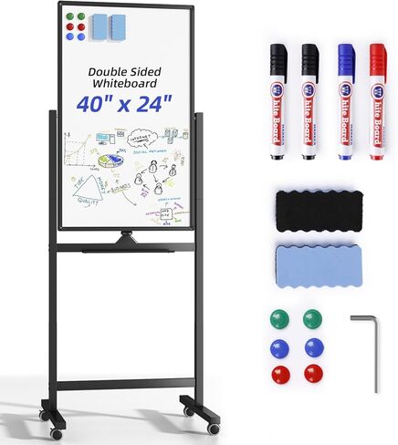 VOWNER Magnetic Mobile Whiteboard, 40" x 24" Double-Sided Dry Erase Board with Stand, Includes a Pen, Eraser, and Magnetic Buttons, Aluminum Frame Rolling Whiteboard for Home, Office, or Classroom in Saudi Arabia