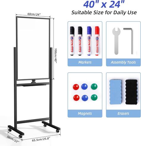 VOWNER Magnetic Mobile Whiteboard, 40" x 24" Double-Sided Dry Erase Board with Stand, Includes a Pen, Eraser, and Magnetic Buttons, Aluminum Frame Rolling Whiteboard for Home, Office, or Classroom in Saudi Arabia