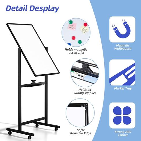 VOWNER Magnetic Mobile Whiteboard, 40" x 24" Double-Sided Dry Erase Board with Stand, Includes a Pen, Eraser, and Magnetic Buttons, Aluminum Frame Rolling Whiteboard for Home, Office, or Classroom in Saudi Arabia