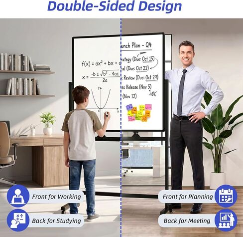VOWNER Magnetic Mobile Whiteboard, 40" x 24" Double-Sided Dry Erase Board with Stand, Includes a Pen, Eraser, and Magnetic Buttons, Aluminum Frame Rolling Whiteboard for Home, Office, or Classroom in Saudi Arabia