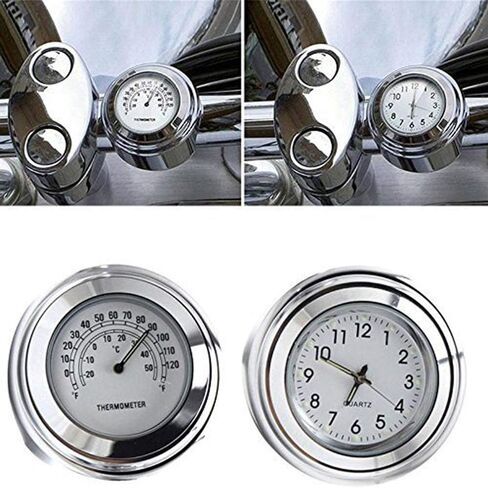 7/8" 1" Handlebar Chrome White Dial Clock and Thermometer for Yamaha for Kawasaki for Suzuki (White) in Saudi Arabia