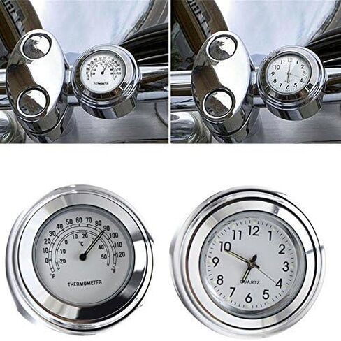 7/8" 1" Handlebar Chrome White Dial Clock and Thermometer for Yamaha for Kawasaki for Suzuki (White) in Saudi Arabia