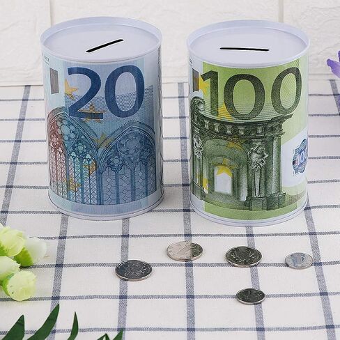 Thereisno Euro Dollar Shaped Money Box Safe Cylinder Piggy Bank Banks for Coins Deposit Storage Boxes Tinplate Box Home Decoration Piggy Bank in Saudi Arabia