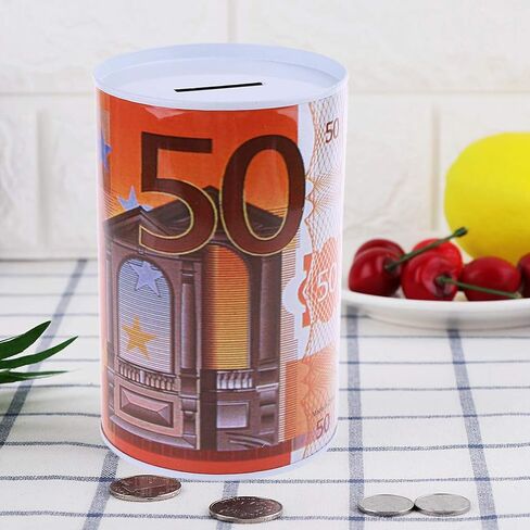 Thereisno Euro Dollar Shaped Money Box Safe Cylinder Piggy Bank Banks for Coins Deposit Storage Boxes Tinplate Box Home Decoration Piggy Bank in Saudi Arabia