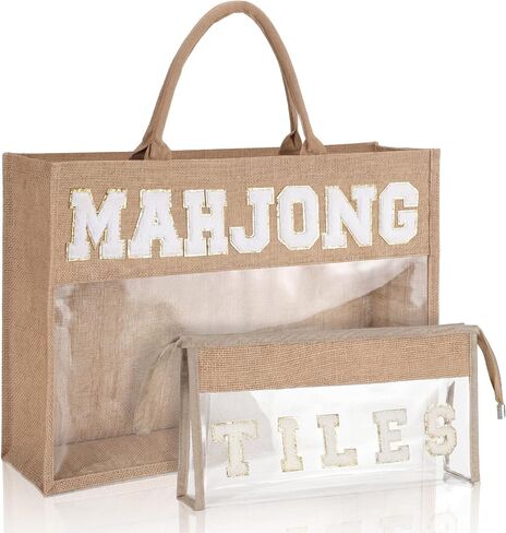 Aliceset 2 Pcs Empty Mahjong Bag for Tiles and Racks Mats Jute Mahjong Themed Tote Bag and Zippered Pouch Mah Jong Gift Accessories Travel Mahj Storage Case Game Night Party Supplies in Kuwait