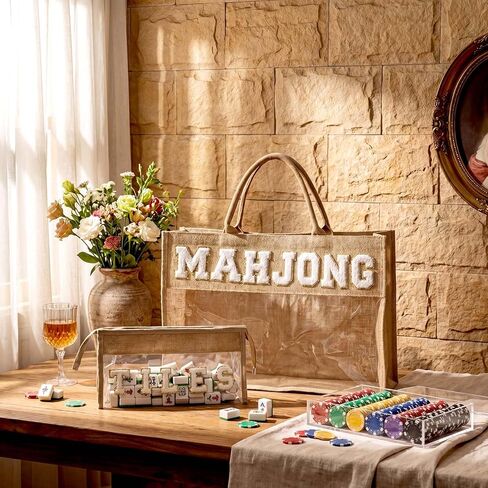 Aliceset 2 Pcs Empty Mahjong Bag for Tiles and Racks Mats Jute Mahjong Themed Tote Bag and Zippered Pouch Mah Jong Gift Accessories Travel Mahj Storage Case Game Night Party Supplies in Kuwait