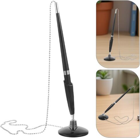FOMIYES Secure Counter Pens with Chain and Adhesive Base Holder, Black Gel Writing Pens 6pcs for Office, Bank, Reception Desk Use in Kuwait