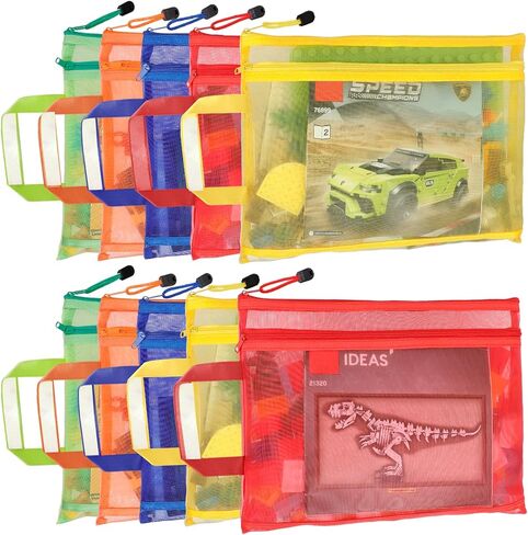 10 Pack 5 Color Mesh Zipper Pouch Bags, Nylon Puzzle Building Block Sets Toy Storage & Organization, Breathable See Through A4 Zipper Pouch with Handle for School Office Games in Saudi Arabia